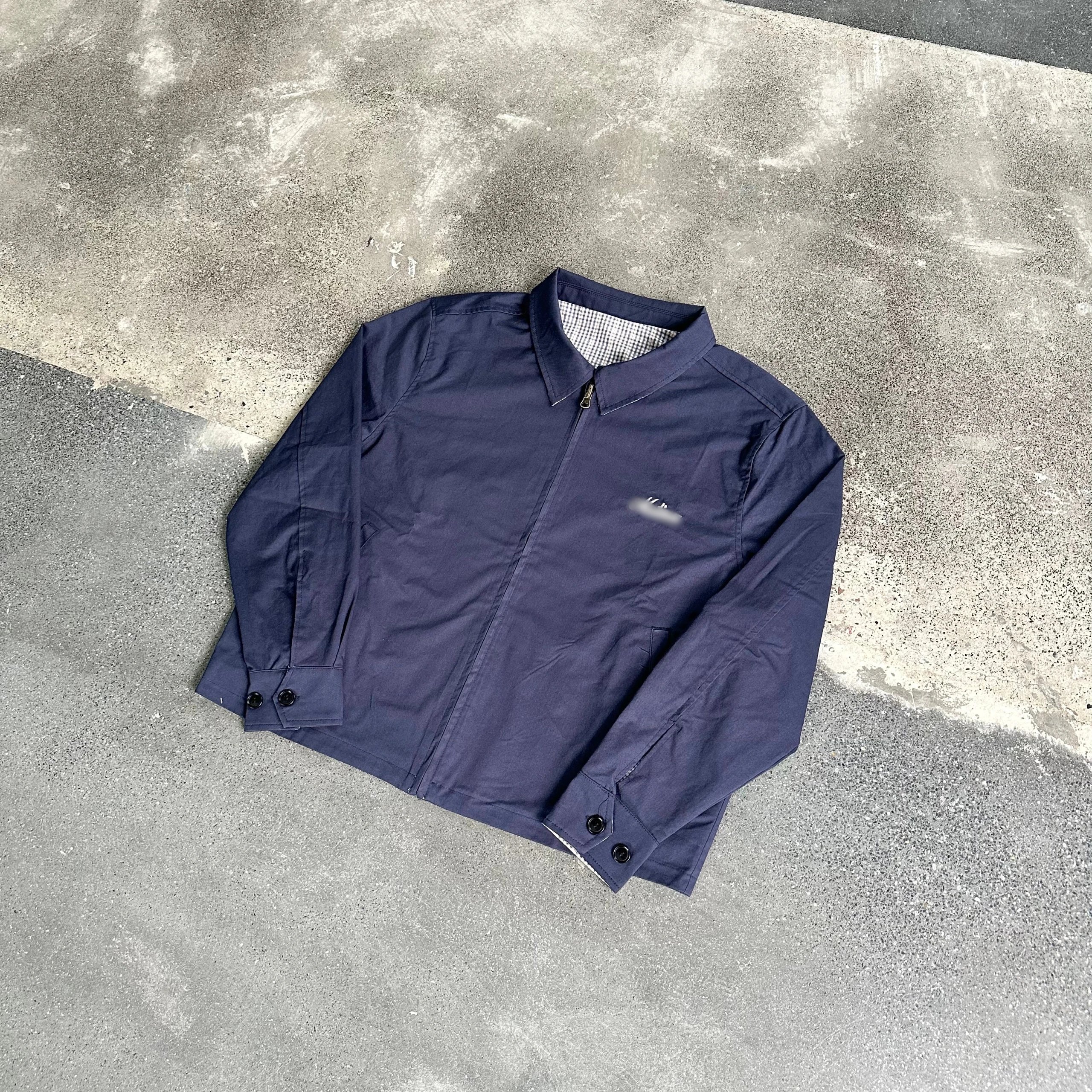 Navy Blue Zip-Up Collar Jacket with Checkered Lining Casual Outerwear