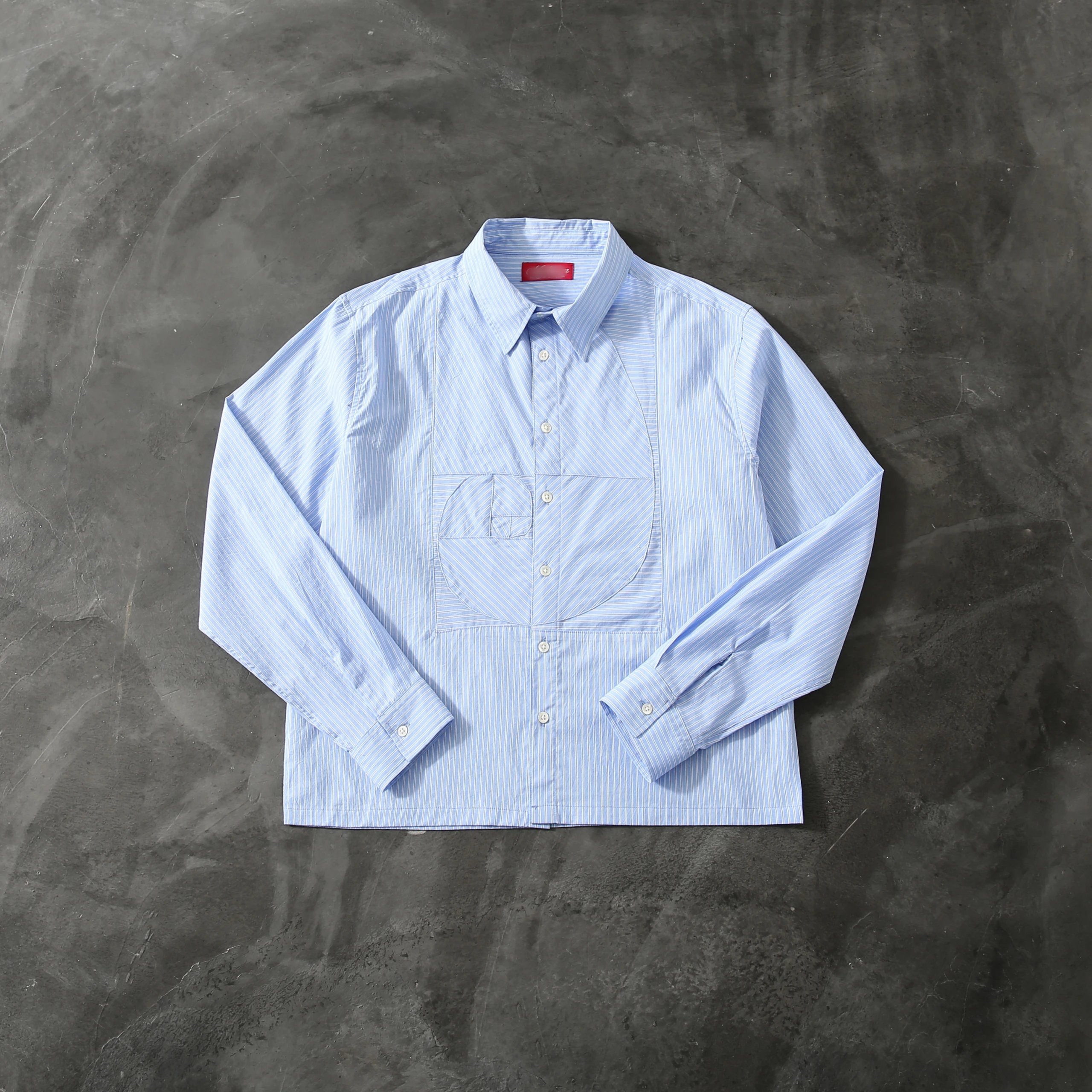 Blue Striped Cotton Button-Up Shirt With Geometric Patch Pocket