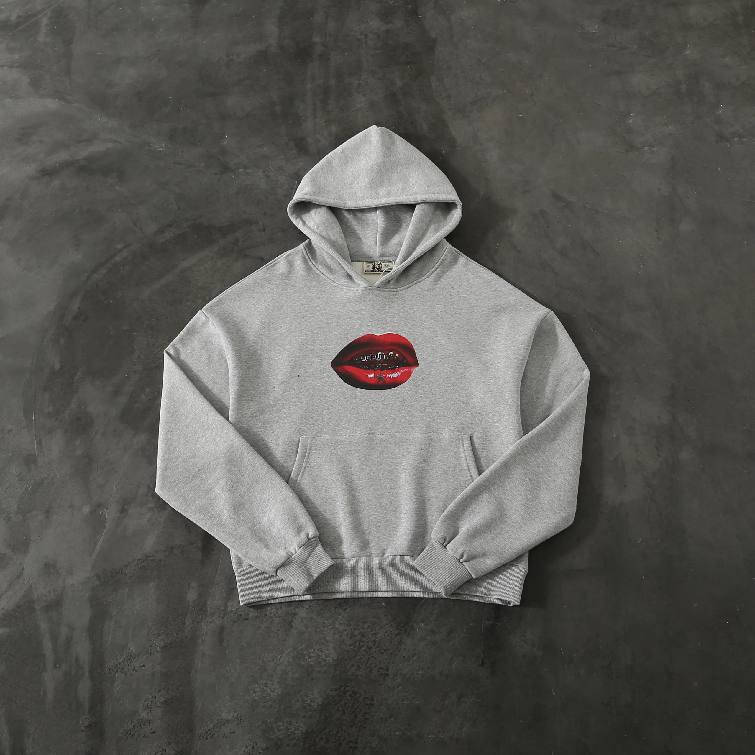 Gray Hooded Sweatshirt With Red Lips Graphic Streetwear