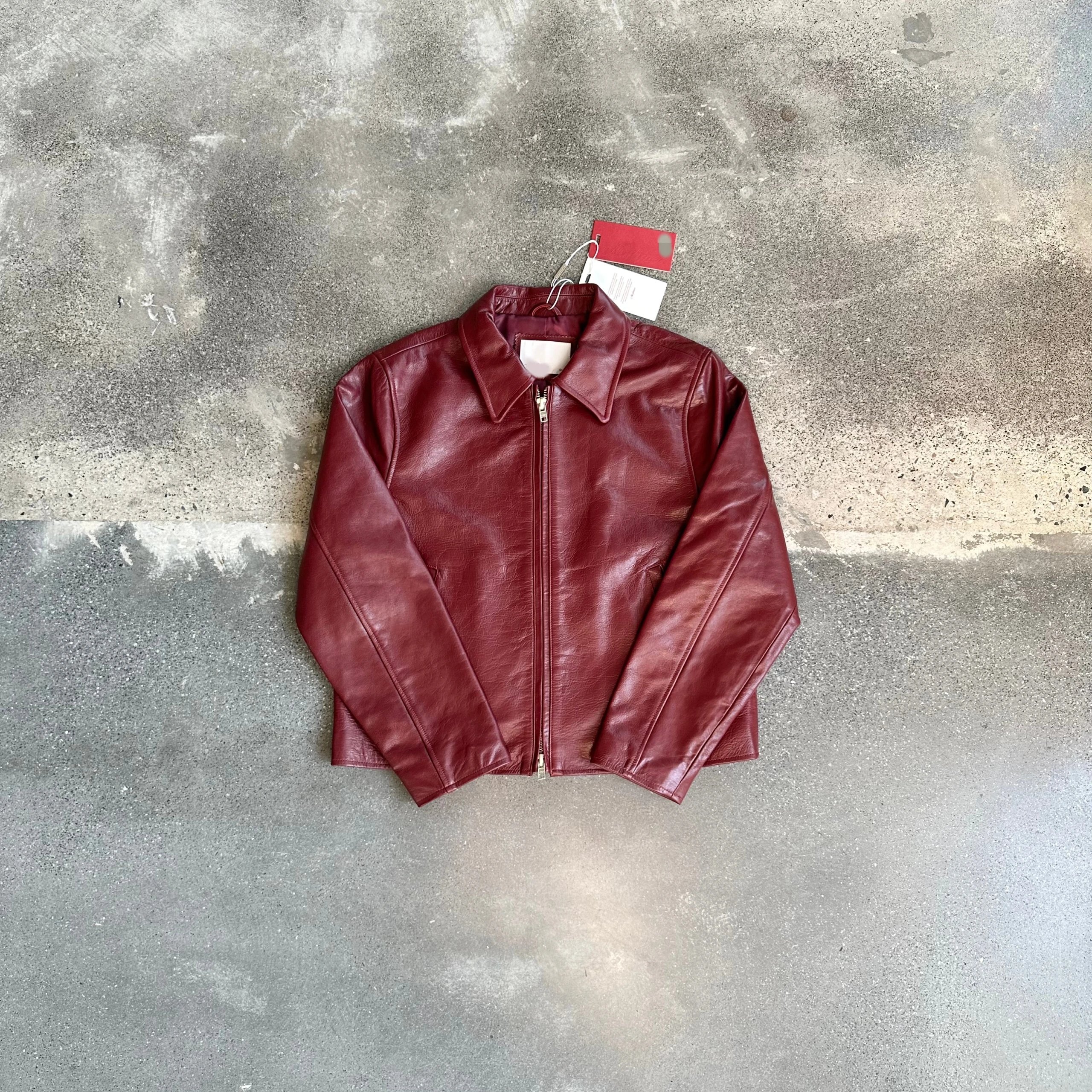 Leather Zip-Up Jacket Burgundy Classic Motorcycle Style