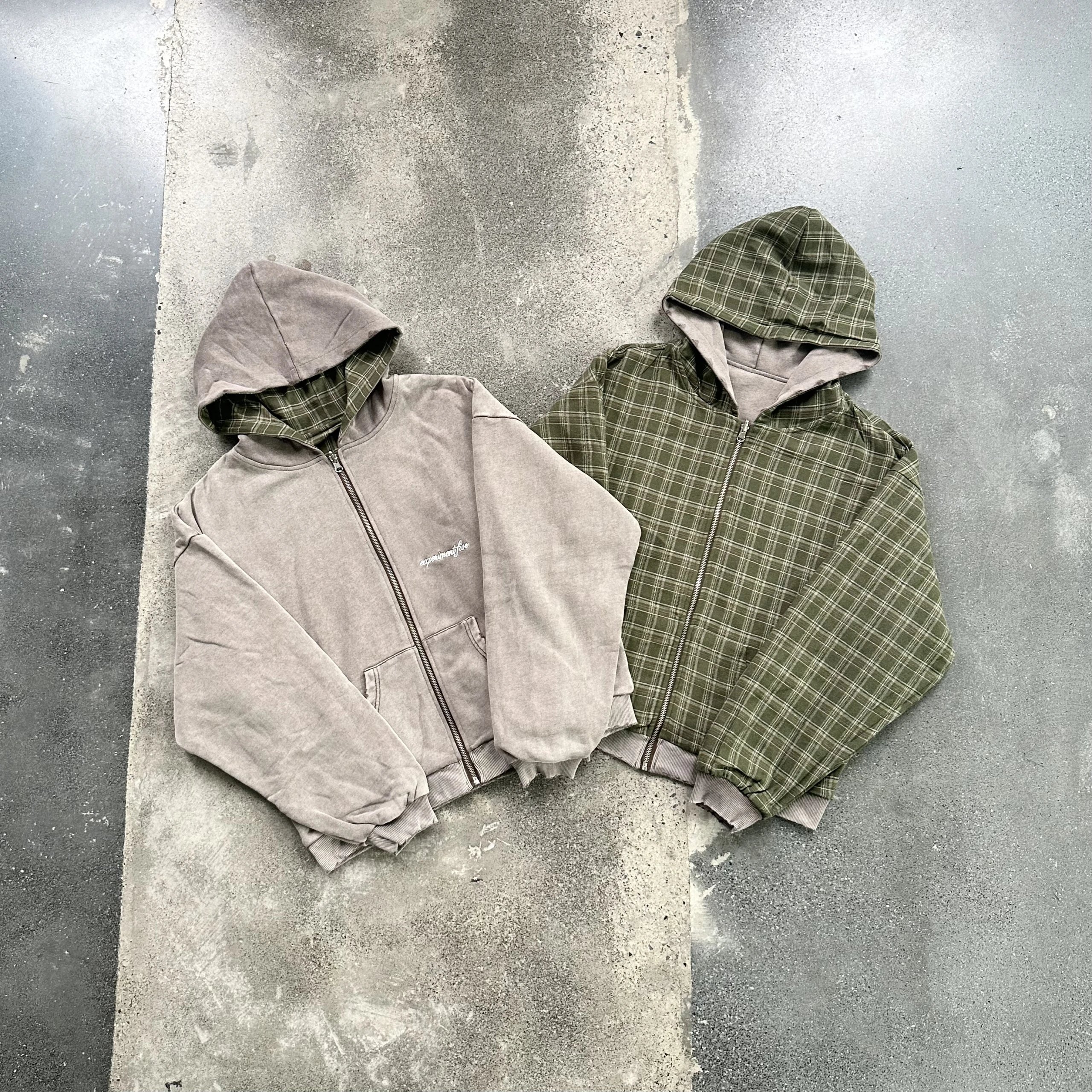 Experimentfive Zip-Up Hooded Jacket Gray And Olive Green Plaid Reversible Streetwear