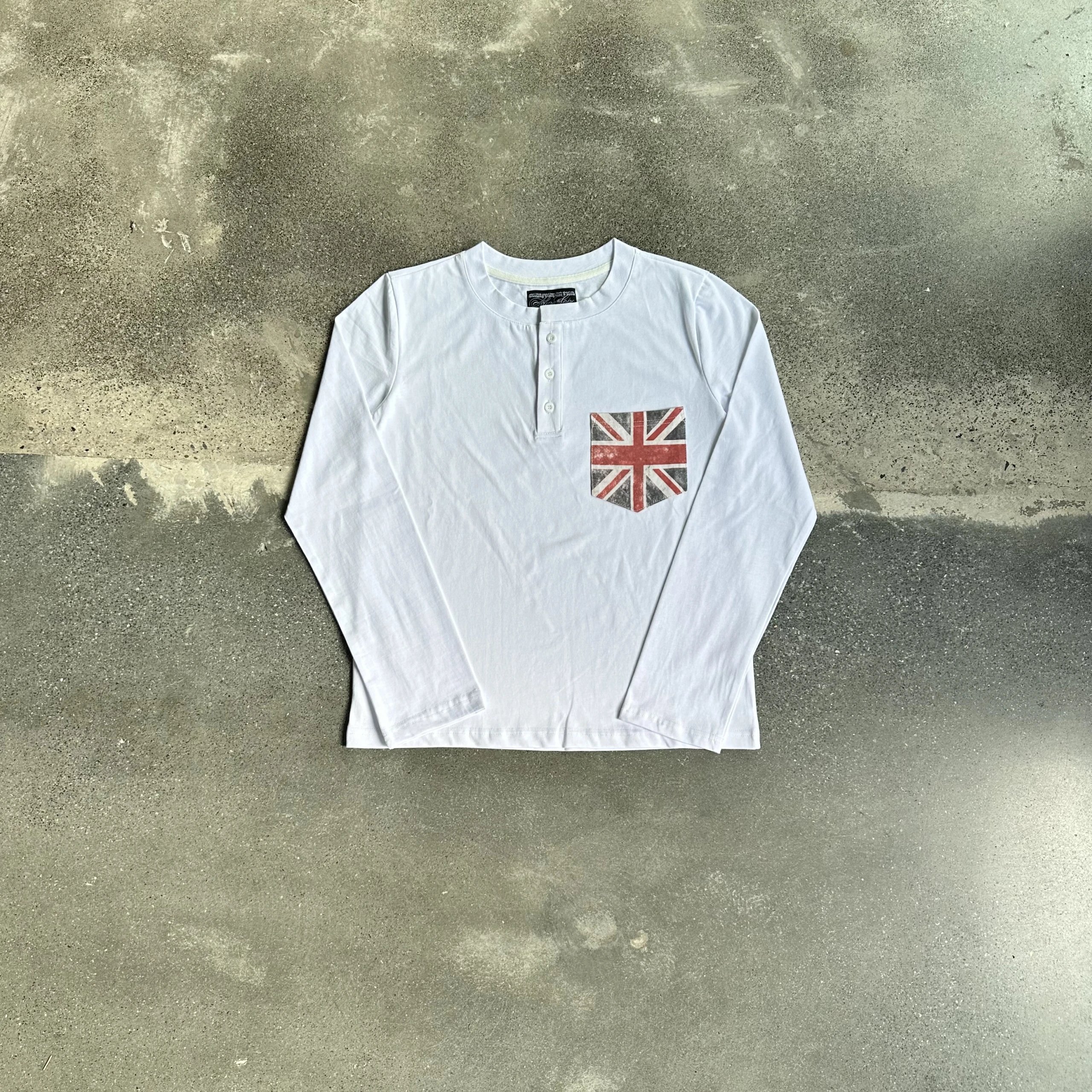White Long Sleeve Henley Shirt With Union Jack Pocket Vintage Style