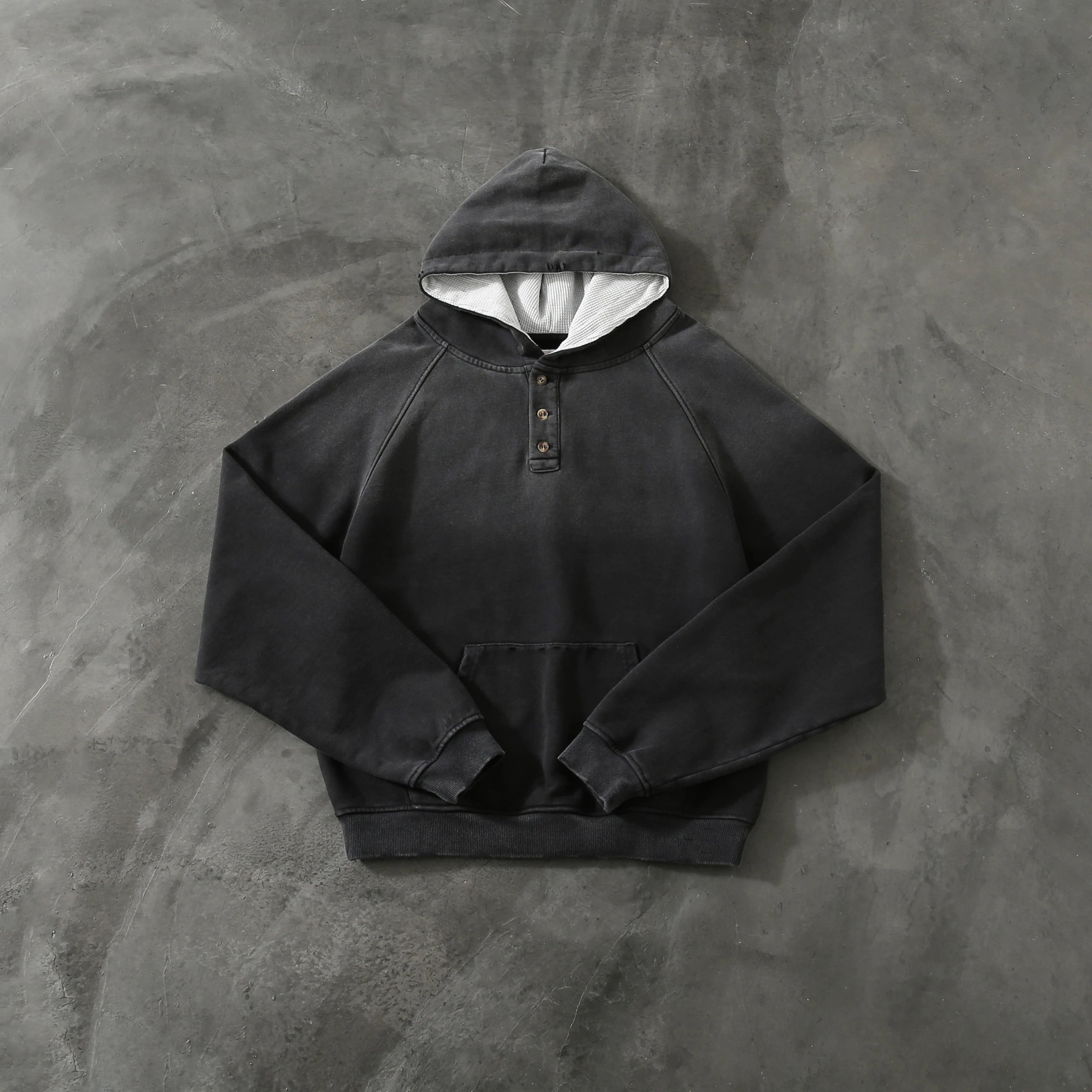 Black Hooded Henley Sweatshirt With Contrast Lining