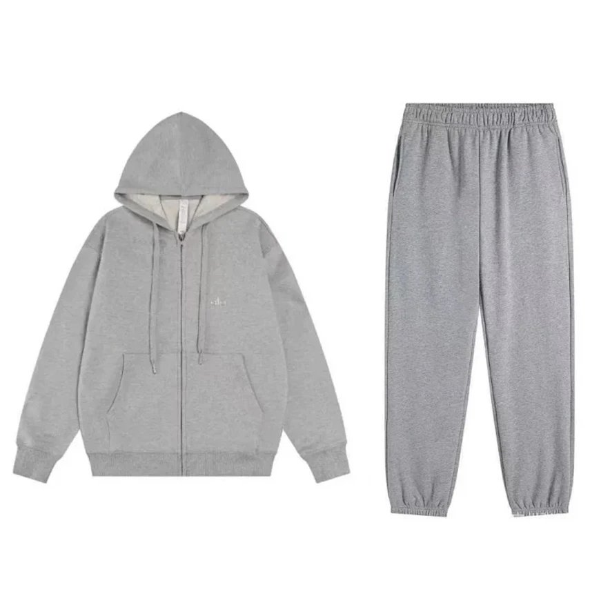 Alo Tracksuits Hooded sweatshirt and straight-leg sweatpants set — Gray full-zip jogger pants – set