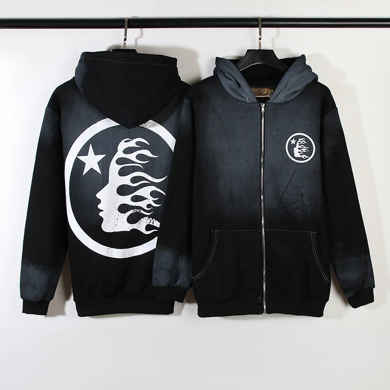 Unisex Loose-Fitting Hooded Distressed Zip-Up Sweatshirt