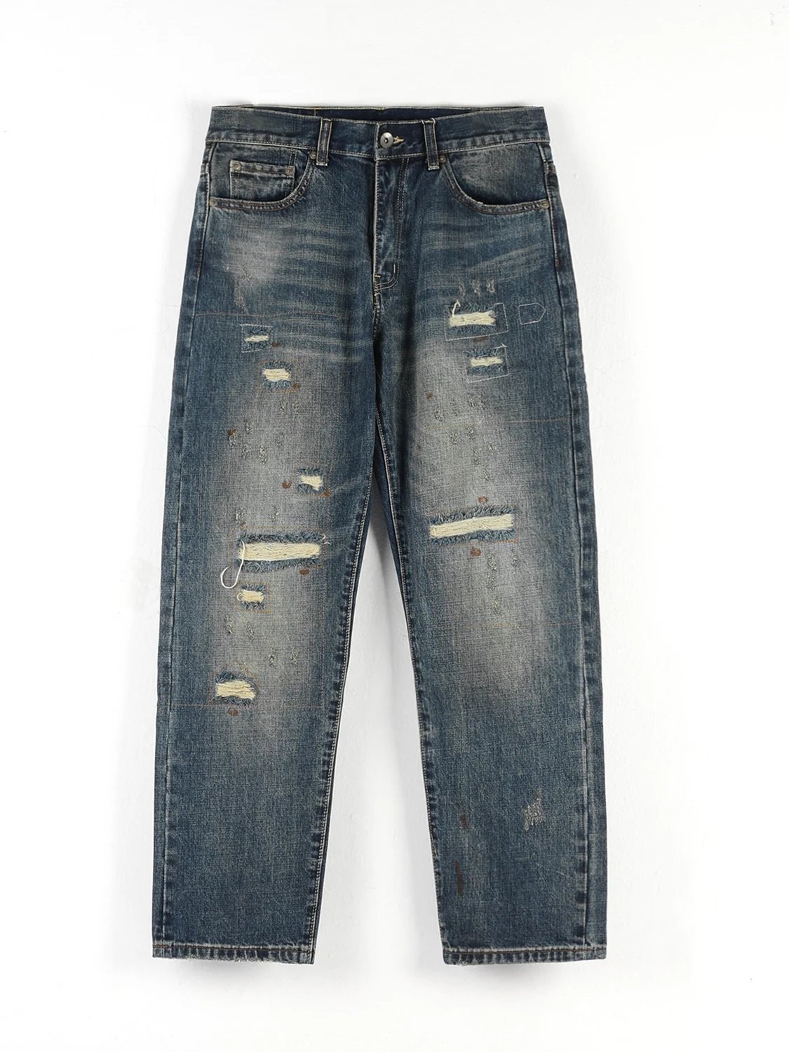 Distressed Blue Denim Straight Fit Jeans