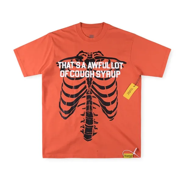 Design That's A Awful Lot Of Cough Syrup Skeleton Print Orange T-Shirt - 1