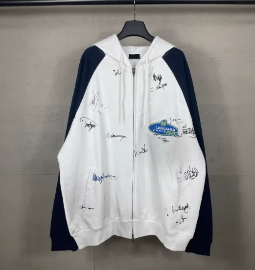 Design Signature-Print Raglan Sleeve Zip-Up Hoodie White / Navy - 1