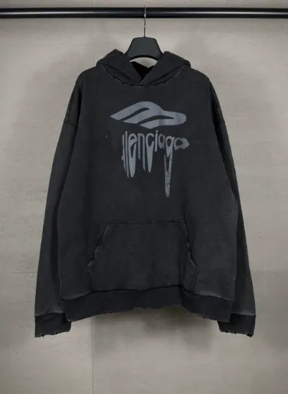 Design Distressed Hoodie with Abstract Graphic Print Black Hoodie - 1
