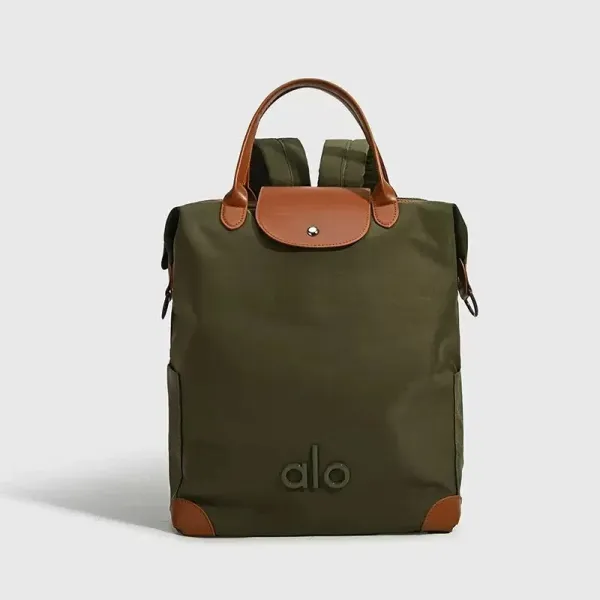 Alo Foldable Backpack Army Green with Tan Leather Trim - 1