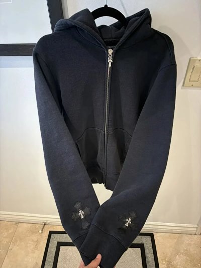 Chrome Vintage Cross Patch Leather Silver-Plated Sword Cross Flower Double Zipper Hoodie Jacket CH Cro Style Pre-Delivery for Spring Festival