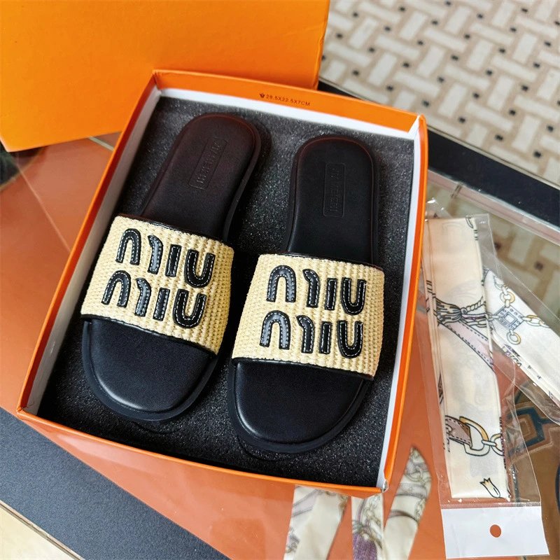 Miu Miu Women's Raffia Woven Double Logo Slide Sandals