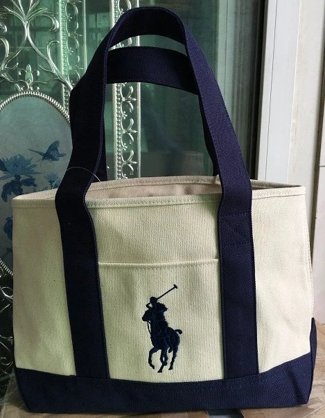 Polo Ralph Lauren Canvas Tote Bag with Navy Trim and Big Pony Logo