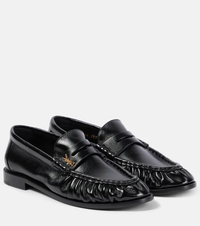 Saint Laurent Ruched Toe Leather Loafer with Gold YSL Logo
