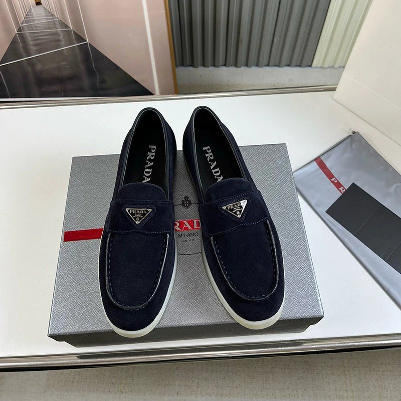 Prada Suede Loafer with Triangle Logo and White Rubber Sole