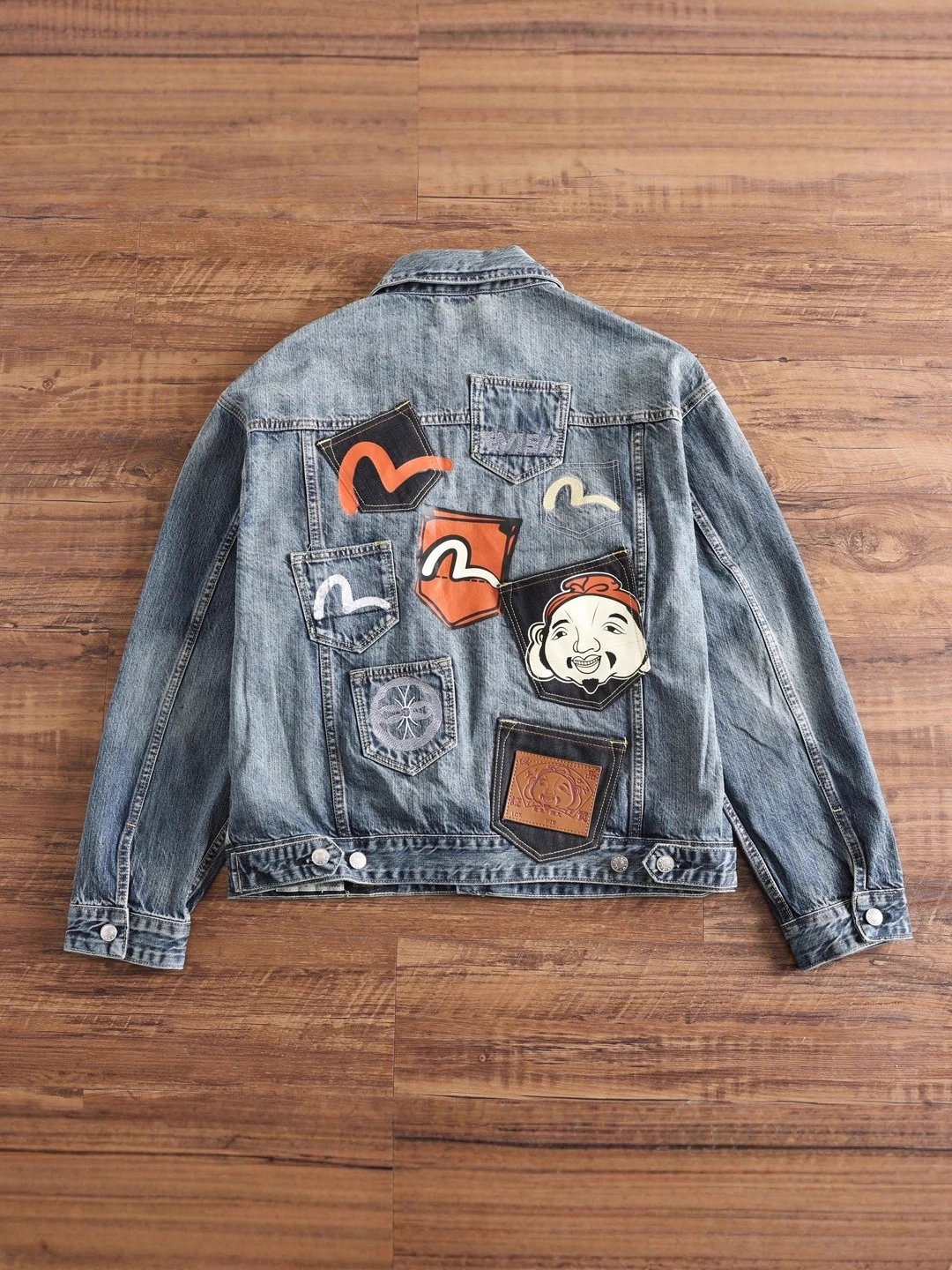 Evisu Men's Denim Jacket with Embroidered Patches and Seagull Logo