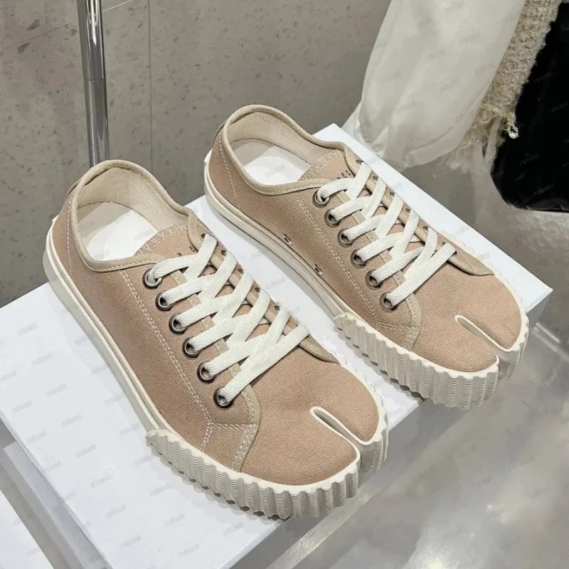 Beige Canvas Tabi Split-Toe Low-Top Sneakers with White Ripple Sole