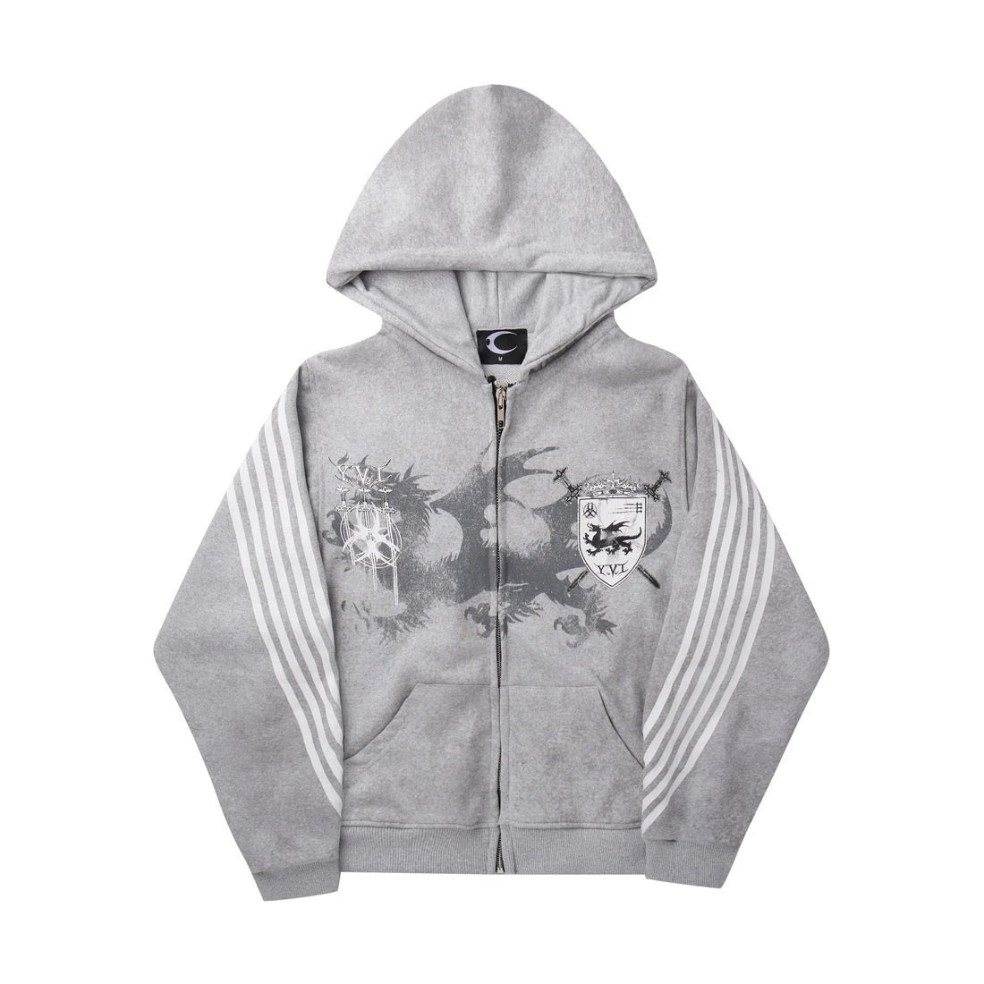 Y.VI Grey Zip-Up Hoodie With Dragon Crest Graphic And Sleeve Stripes