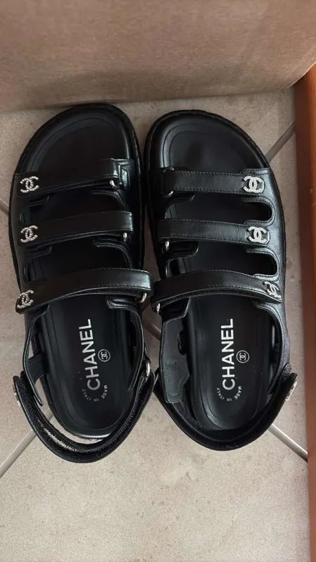 Chanel Black Leather Platform Sandal with Silver CC Logos
