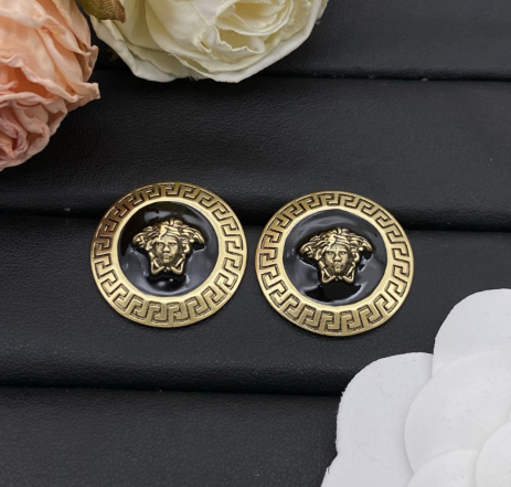Versace Gold Tone Medusa Head Black Enamel Stud Earrings