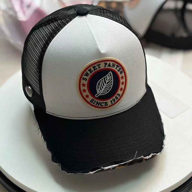Sweet Pants Distressed Trucker Hat with Leaf Logo Patch