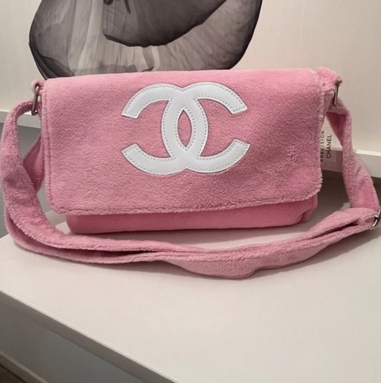 Chanel Pink Faux Fur Crossbody Bag with Large White CC Logo