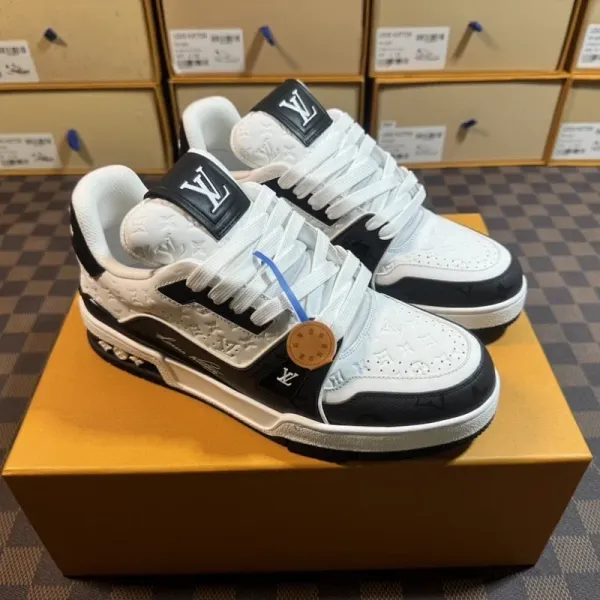 Louis Vuitton Trainer Sneakers White Black Monogram Leather Sneakers - 1
