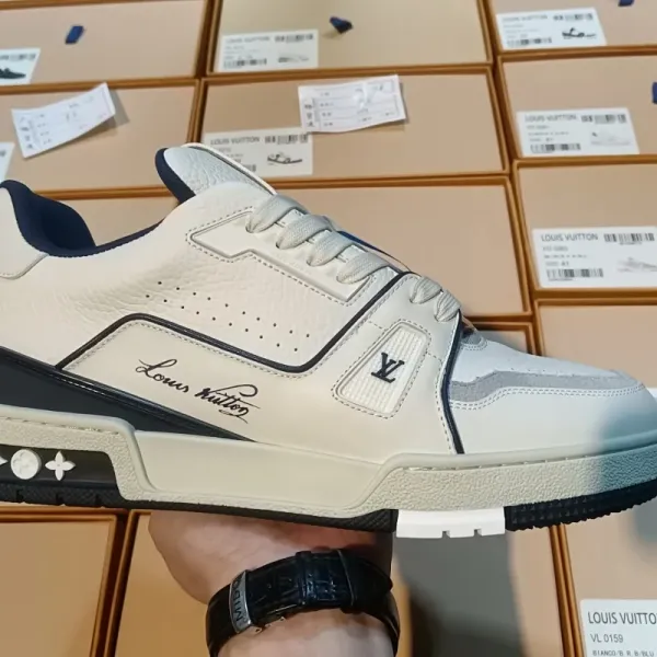Louis Vuitton Trainer Sneakers White Navy Leather - 1
