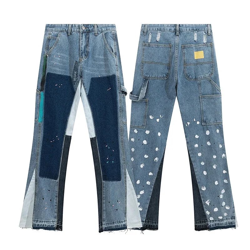 Patchwork Denim Paint Splatter Pants