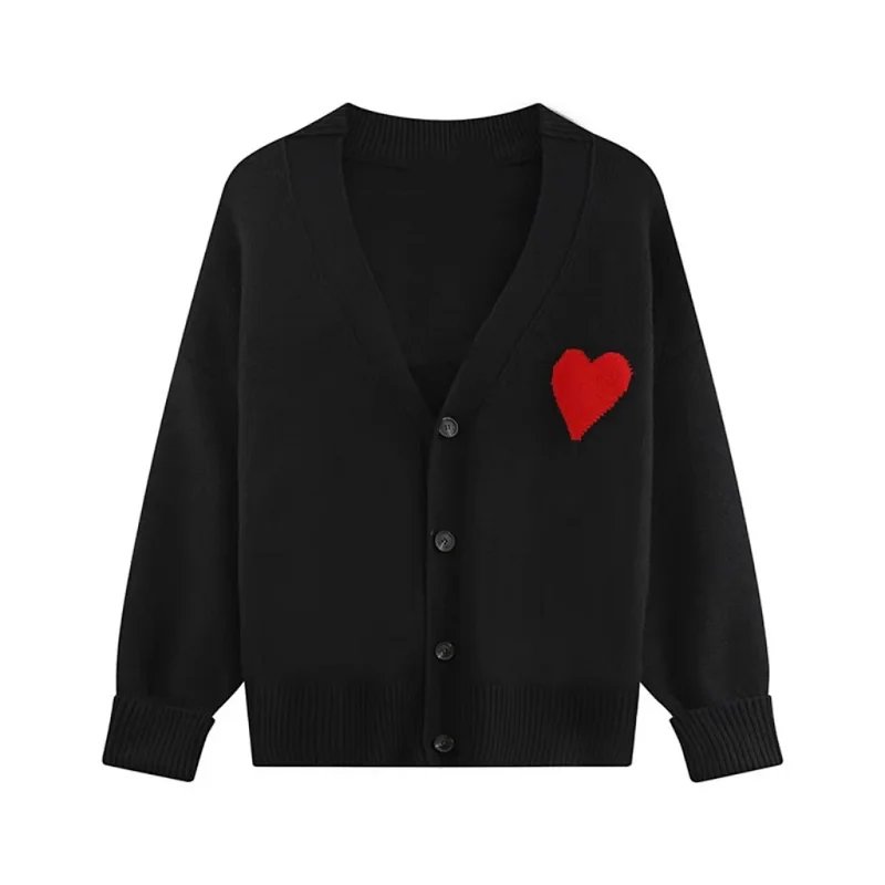 Black V-Neck Heart Knit Cardigan