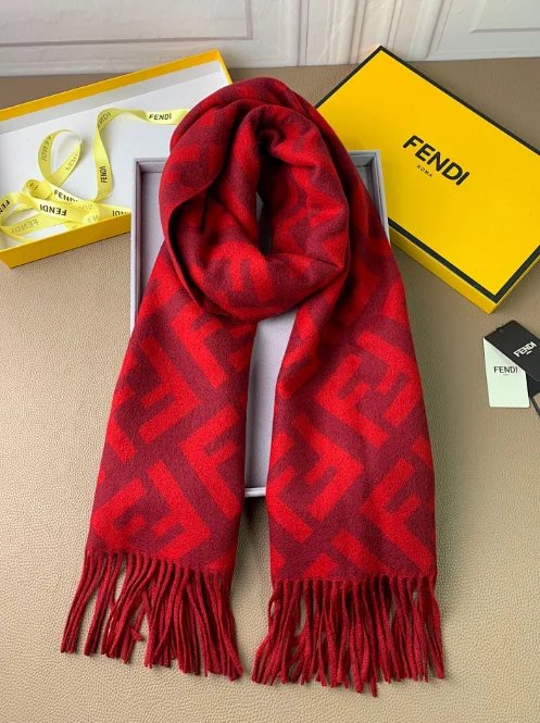 Fendi Red Scarf with Fringe Edges