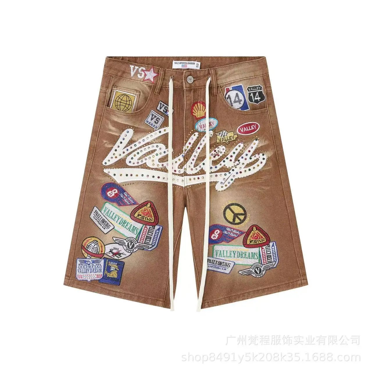 Vale Valley Forever Shorts Washed Denim Drawstring with Rhinestone Logo Embroidery image 13