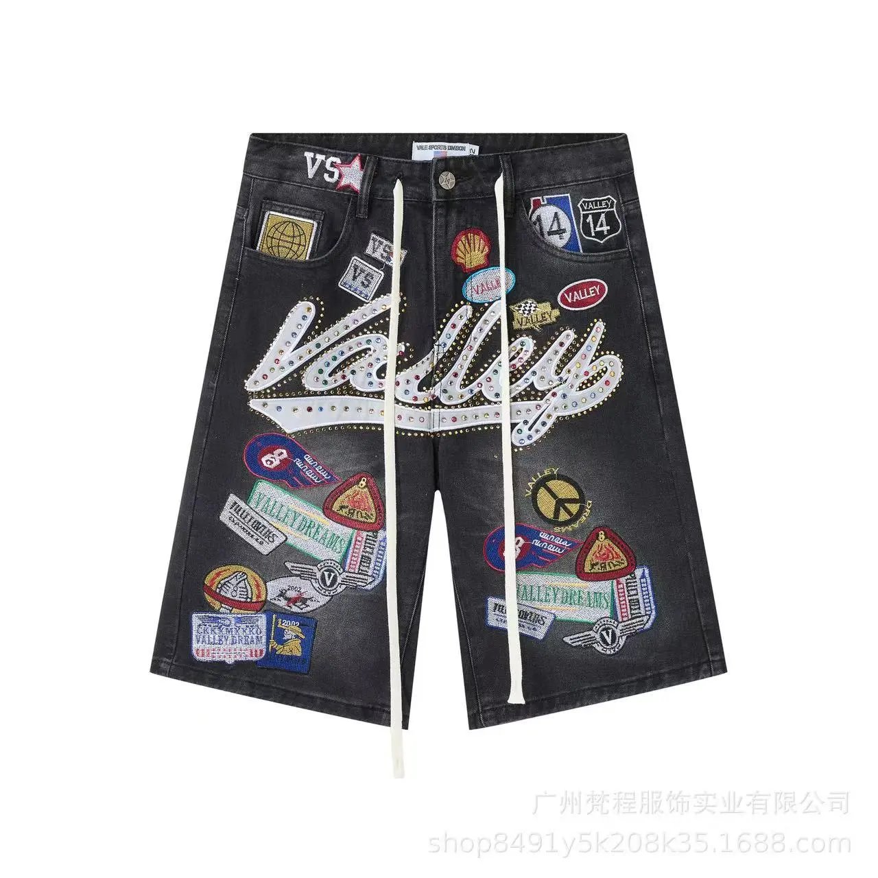 Vale Valley Forever Shorts Washed Denim Drawstring with Rhinestone Logo Embroidery image 14