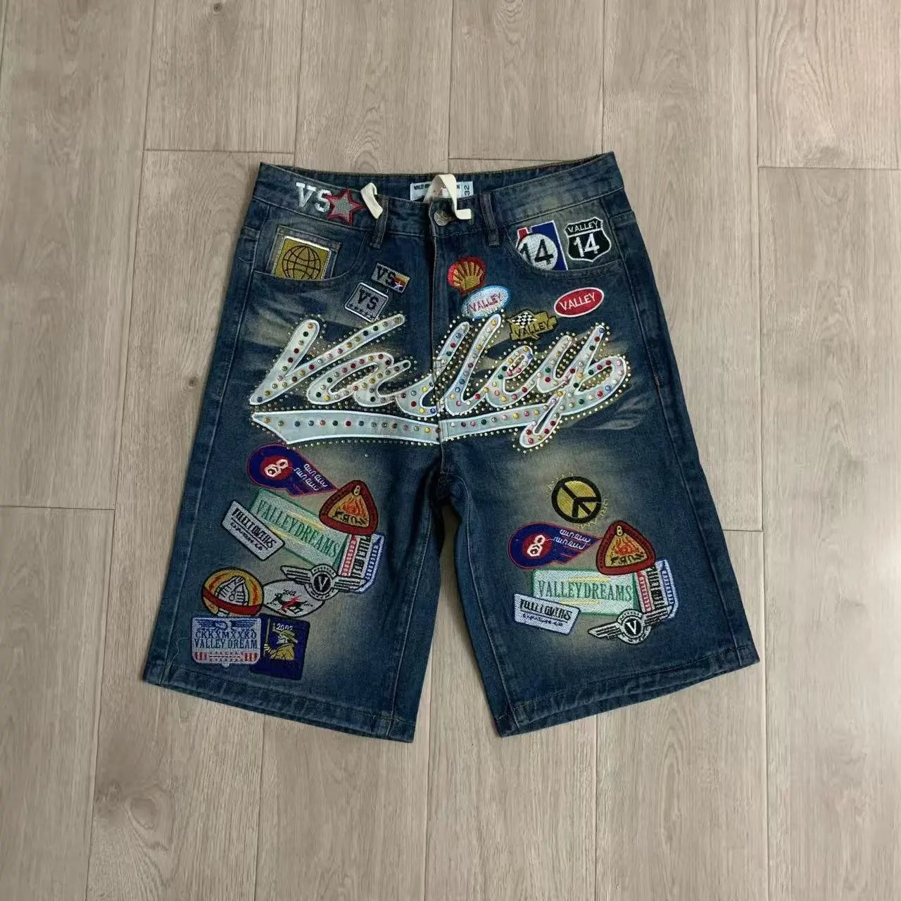Vale Valley Forever Shorts Washed Denim Drawstring with Rhinestone Logo Embroidery image 15