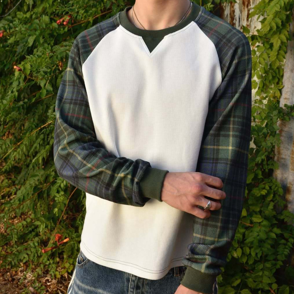 Fyredwrld vintage checkered patchwork waffle long sleeved shirt