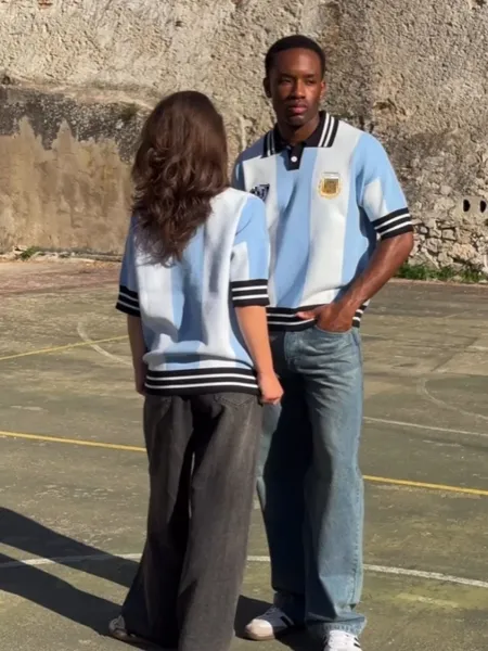 Design Argentina National Team Inspired Polo Blue and White Striped Polo Tops Polo - 9