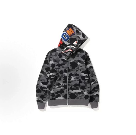 Shark Hooded Sweatshirt for Men & Women - Classic Camo Print, Multi-Color Embroidery, Oversized, Fleece-Lined Zip-Up Coat