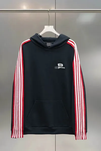 Balenciaga Hoodie with Red and White Striped Sleeves Black - 1
