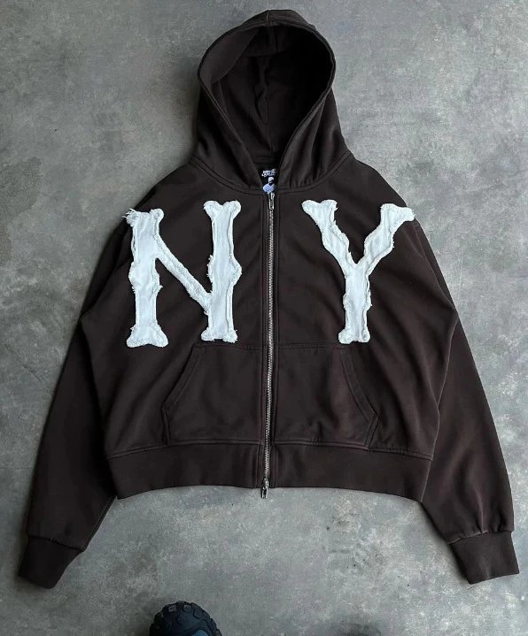 NY Letter Patch Zip-Up Hoodie
