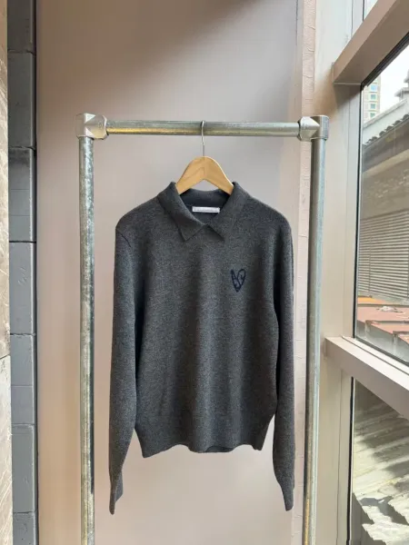 Comme des Garçons Play Heart Logo Gray Knit Polo Sweater - 1