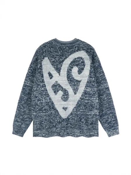 Design Knit Sweater with Abstract Heart Motif Navy Multicolor - 1