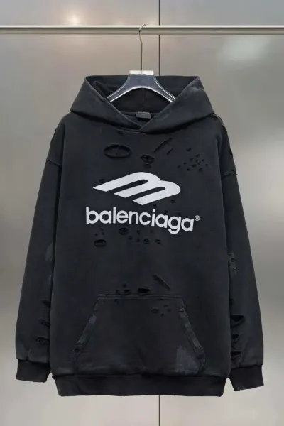 Balenciaga Distressed Logo Hoodie Black - 1