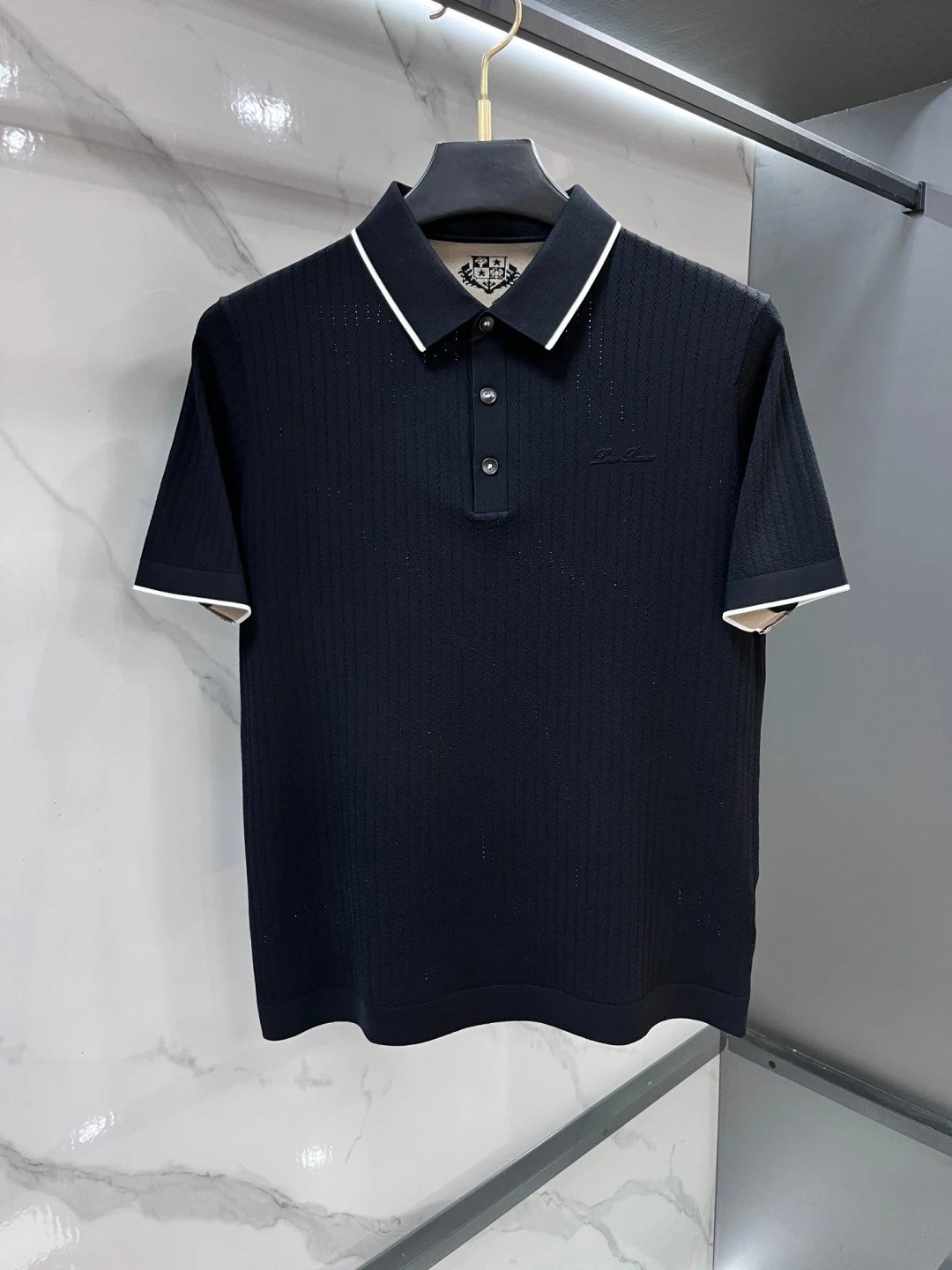 Loro Piana Shirts Short-sleeve textured knit polo shirt with contrast piping — 03