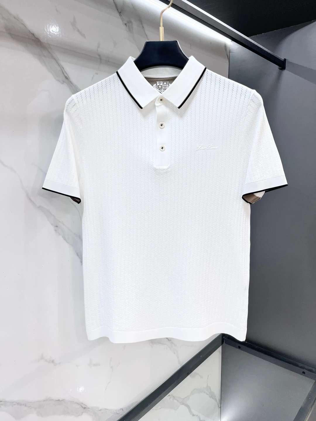 Loro Piana Shirts Short-sleeve textured knit polo shirt with contrast piping — 01