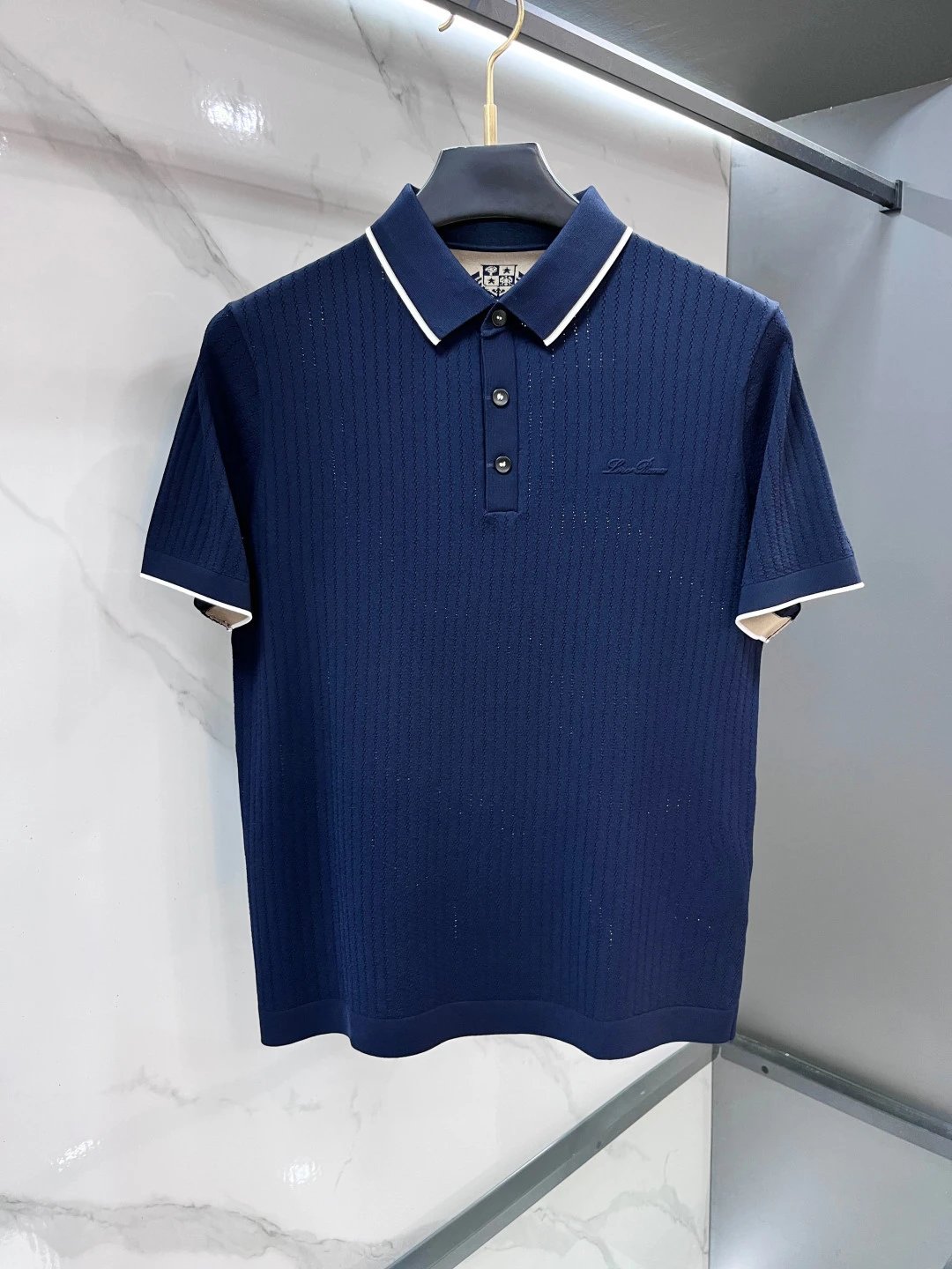Loro Piana Shirts Short-sleeve textured knit polo shirt with contrast piping — 02