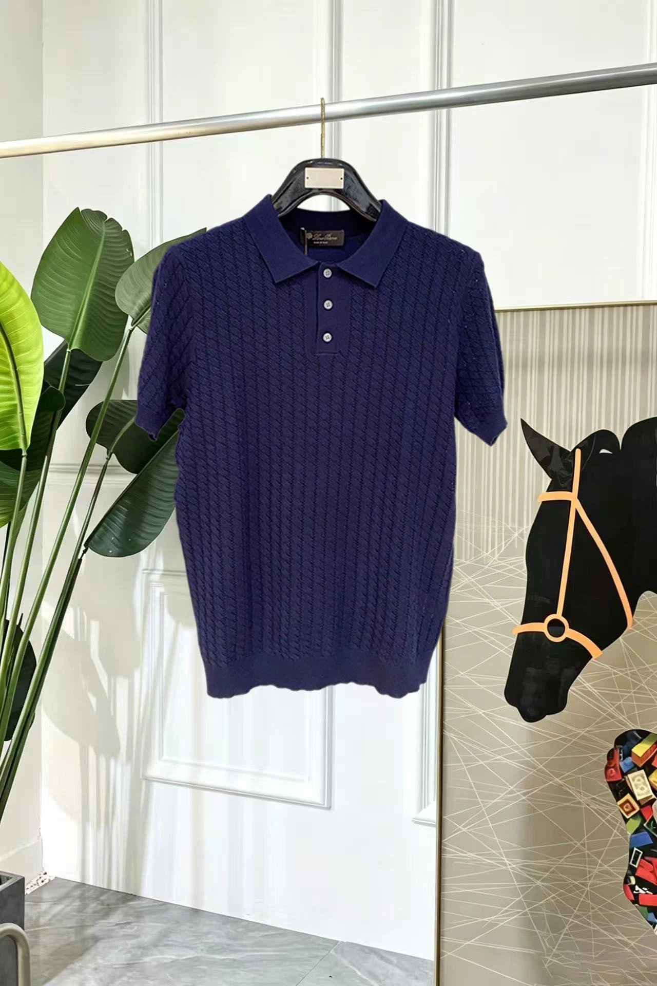 Loro Piana Shirts Short-sleeve textured knit polo shirt with contrast piping — 32