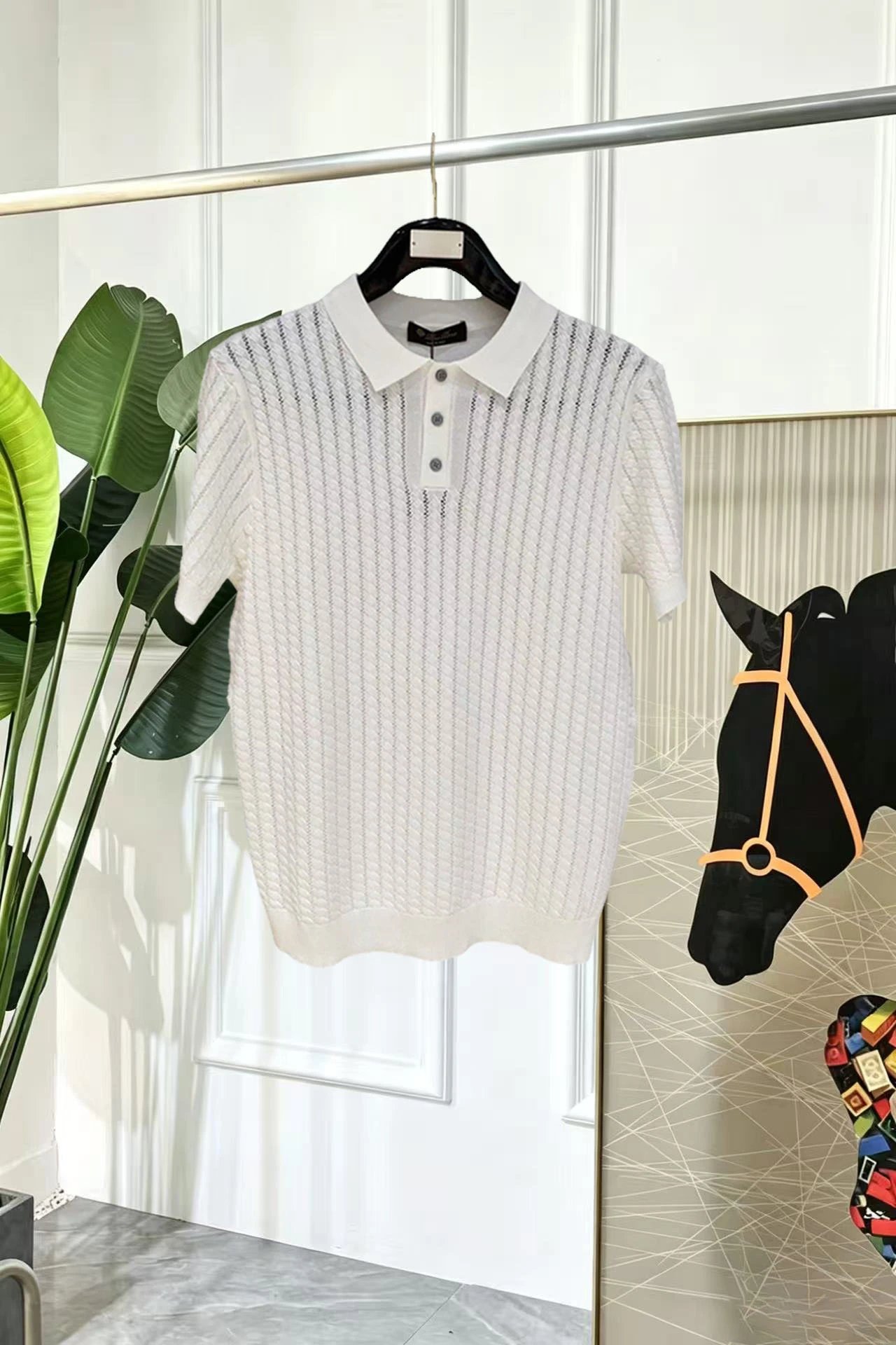 Loro Piana Shirts Short-sleeve textured knit polo shirt with contrast piping — 31