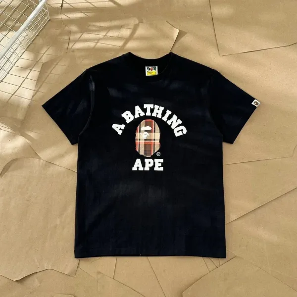 A Bathing Ape Plaid Ape Head Arch Logo Black T-Shirt - 1