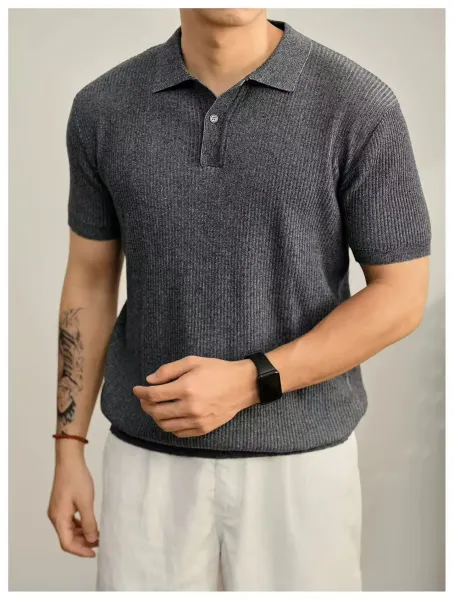 Design Ribbed Knit Polo White Tops Polo - 12