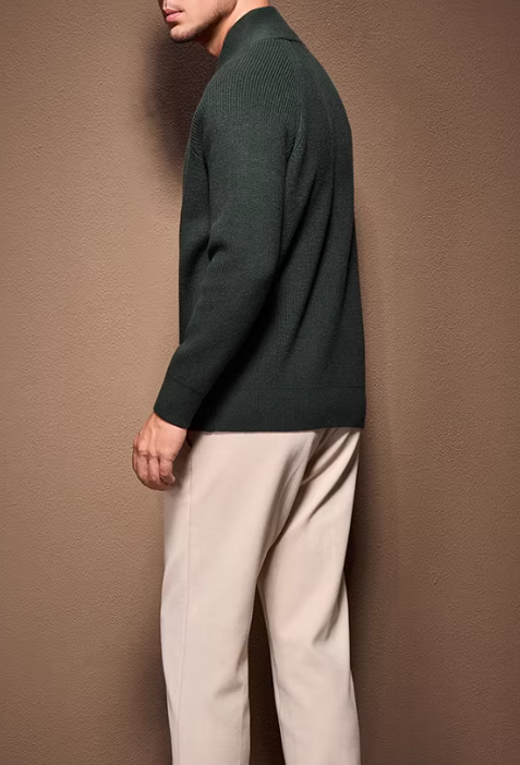 Design V-Neck Ribbed Knit Sweater Forest Green - 7